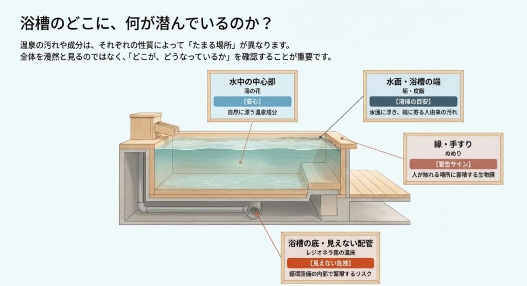 浴槽の図解。中心部には湯の花(安心)、水面や端には垢・皮脂(清掃の目安)、縁や手すりにはぬめり(警告サイン)、配管にはレジオネラ菌(見えない危険)が溜まりやすいことを説明する図。