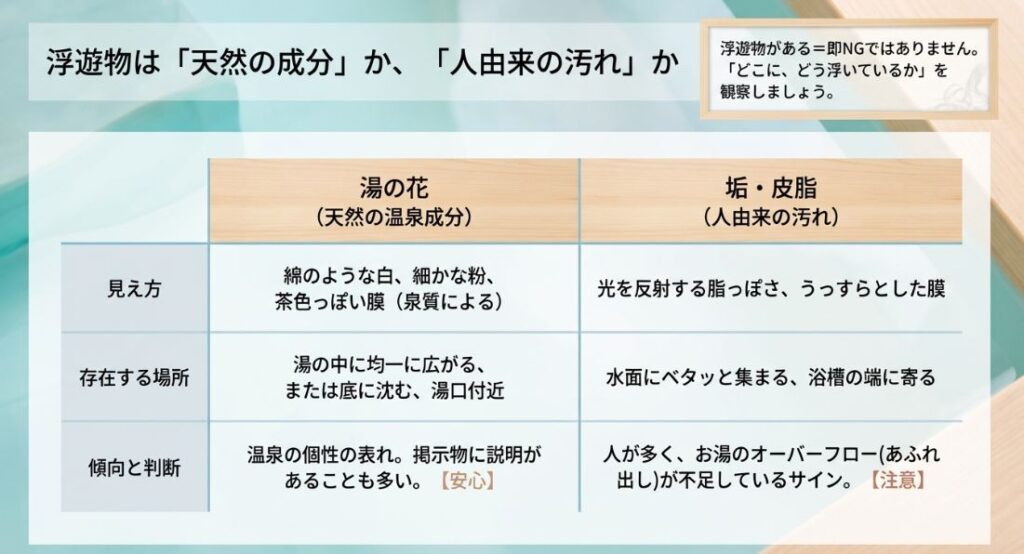湯の花と垢・皮脂の違いをまとめた表。見え方、存在する場所、判断のポイント(安心か注意か)が比較されている。