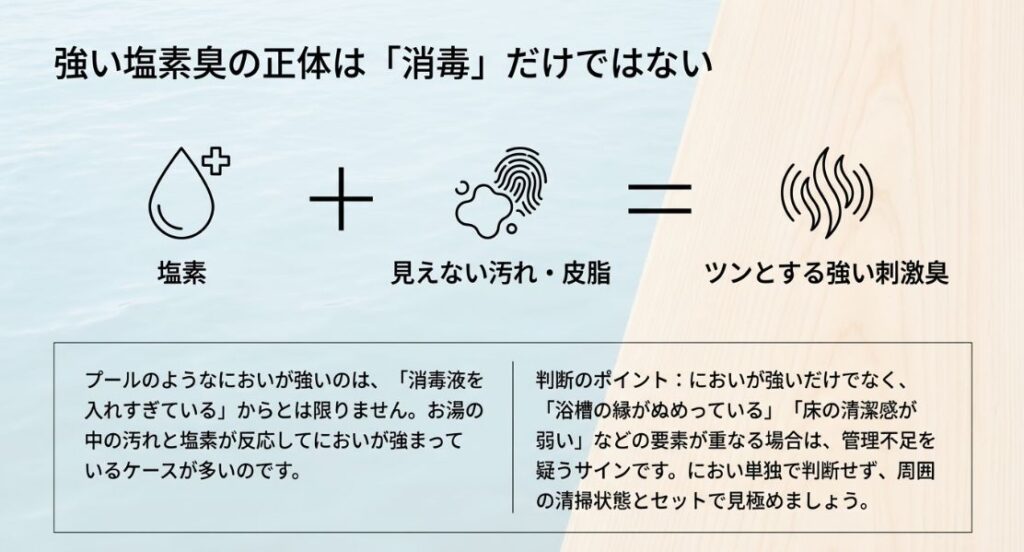 塩素と見えない汚れ・皮脂が反応することで、ツンとする強い刺激臭が発生することを説明する図解。
