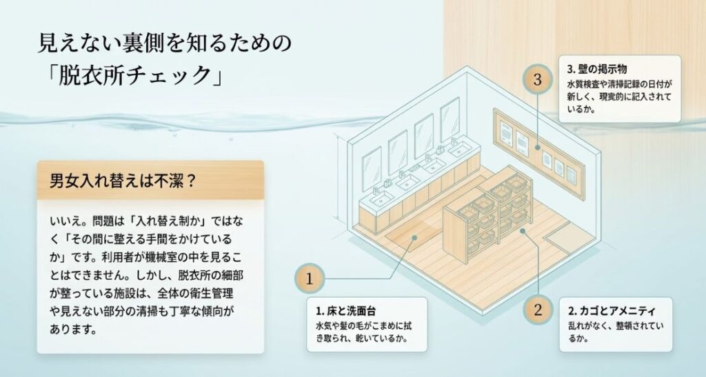 脱衣所での確認ポイント3つ(床・洗面台、カゴ・アメニティ、壁の掲示物)を紹介し、細部が整っている施設は衛生管理も丁寧な傾向があることを説明するスライド。