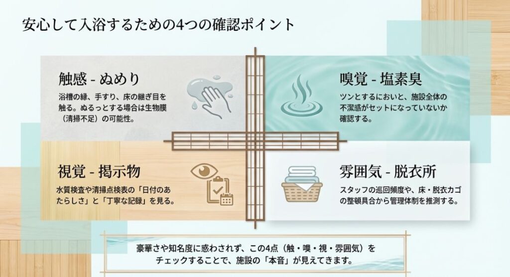 触感(ぬめり)、嗅覚(塩素臭)、視覚(掲示物)、雰囲気(脱衣所)の4点から施設の管理体制を見極める方法のまとめ。