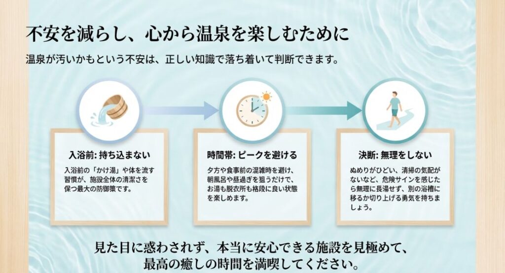 入浴前にかけ湯をすること、ピークの時間帯を避けること、危険を感じたら無理をせず切り上げる勇気を持つことを伝えるまとめのスライド。