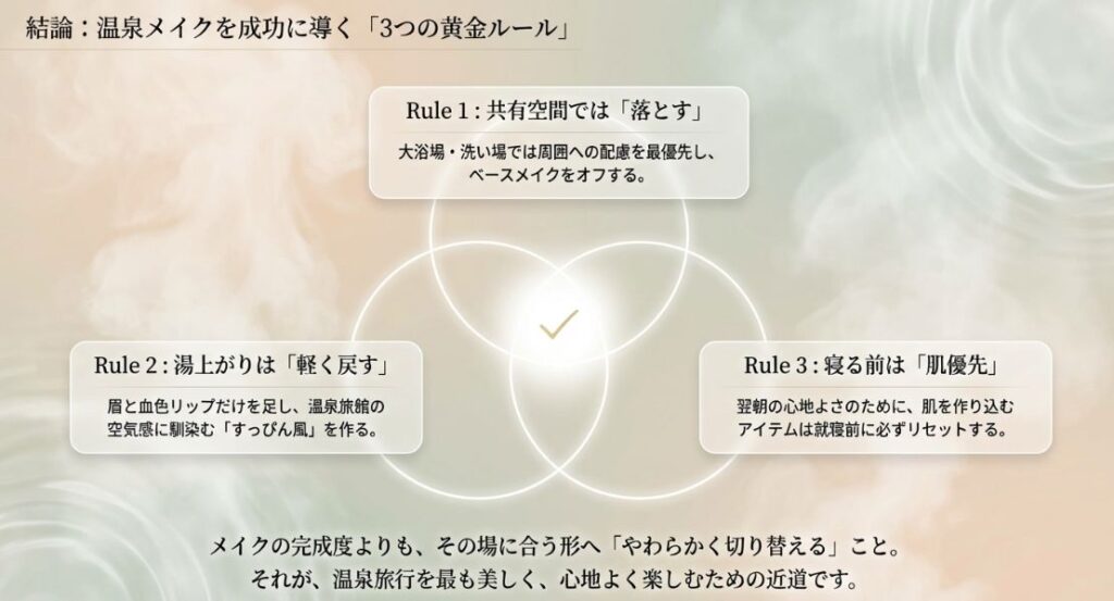 共有空間では「落とす」、湯上がりは「軽く戻す」、寝る前は「肌優先」という、温泉旅行を美しく心地よく楽しむための3つの結論のまとめ。