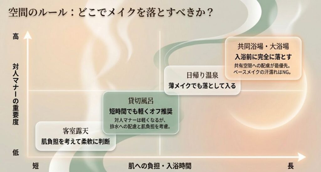 客室露天、大浴場、日帰り温泉、貸切風呂、客室露天ごとに、対人マナーの重要度と肌への負担を考慮したメイクオフの推奨度を比較したマトリックス表。