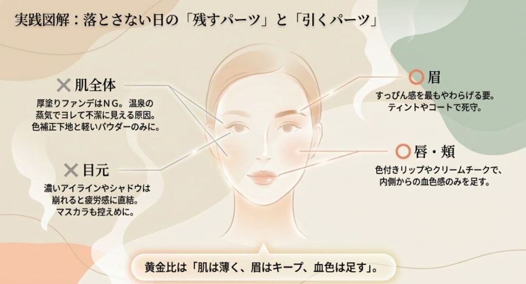 肌全体、目元、眉、唇・頬の4つのパーツ別に、温泉の蒸気によるヨレを防ぐために何を控え、何をキープすべきかを解説したイラスト。黄金比は「肌は薄く、眉はキープ、血色は足す」。