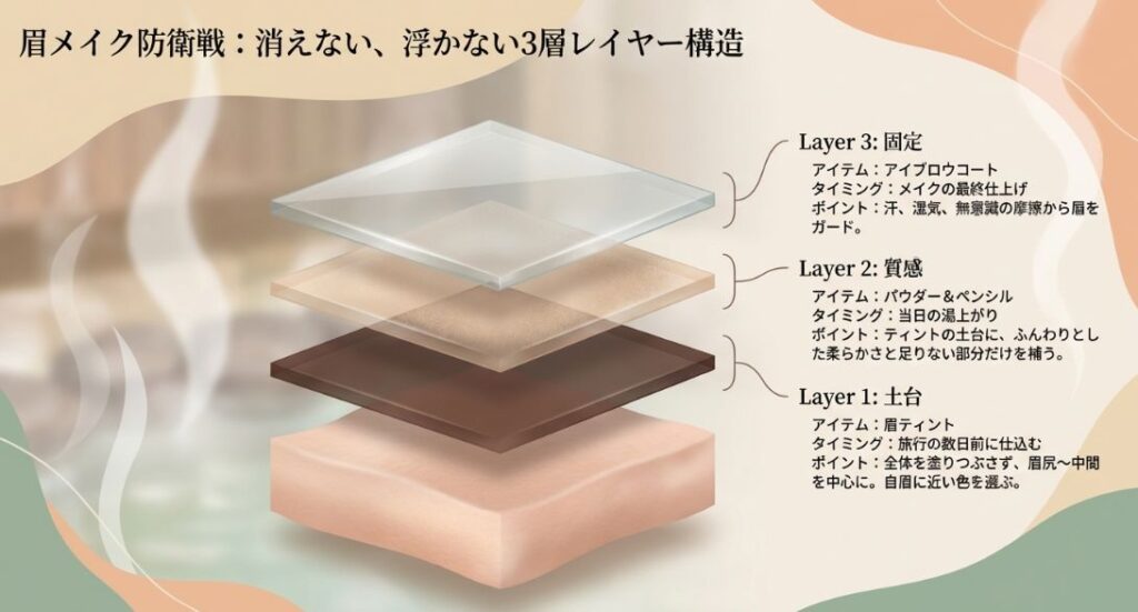 数日前の「眉ティント(土台)」、当日の「パウダー&ペンシル(質感)」、仕上げの「アイブロウコート(固定)」の3ステップで、湿気や汗に強い眉を作る方法の解説。