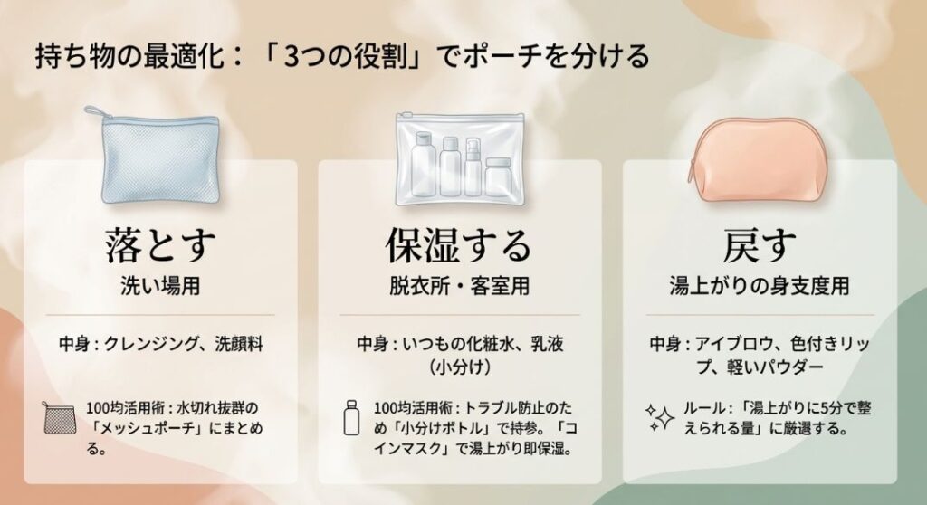 「落とす(洗い場用)」「保湿する(脱衣所・客室用)」「戻す(身支度用)」の3つの役割に分けて、必要なアイテムと100均活用術をまとめたリスト。
