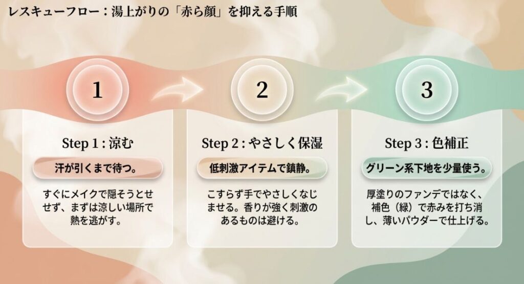 1.涼んで汗が引くのを待つ、2.低刺激アイテムでやさしく保湿、3.グリーン系下地で色補正、の3ステップで温泉後の赤みを自然に抑える手順の解説。