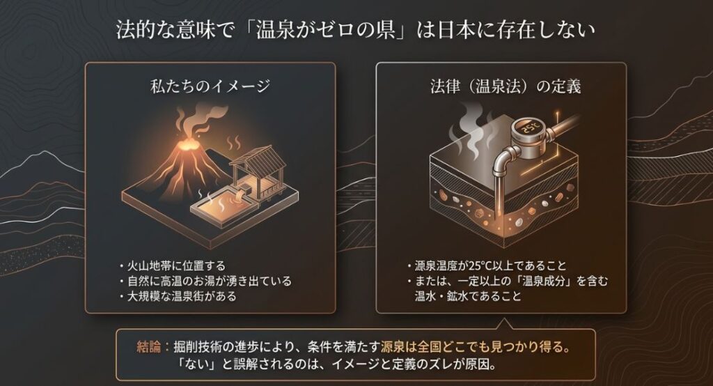 一般的な温泉のイメージ(火山・高温・温泉街)と、法律上の定義(25度以上または成分含有)を対比させ、掘削技術により全国どこでも源泉が見つかり得ることを説明する図解。