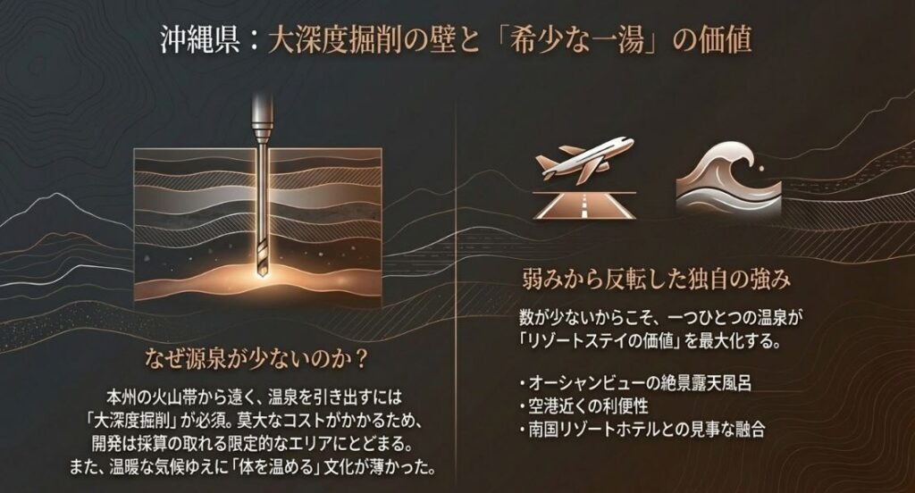 火山帯から遠いため大深度掘削が必要な背景と、逆に希少だからこそオーシャンビューやリゾートホテルとの融合が価値になるという逆転の発想を解説。