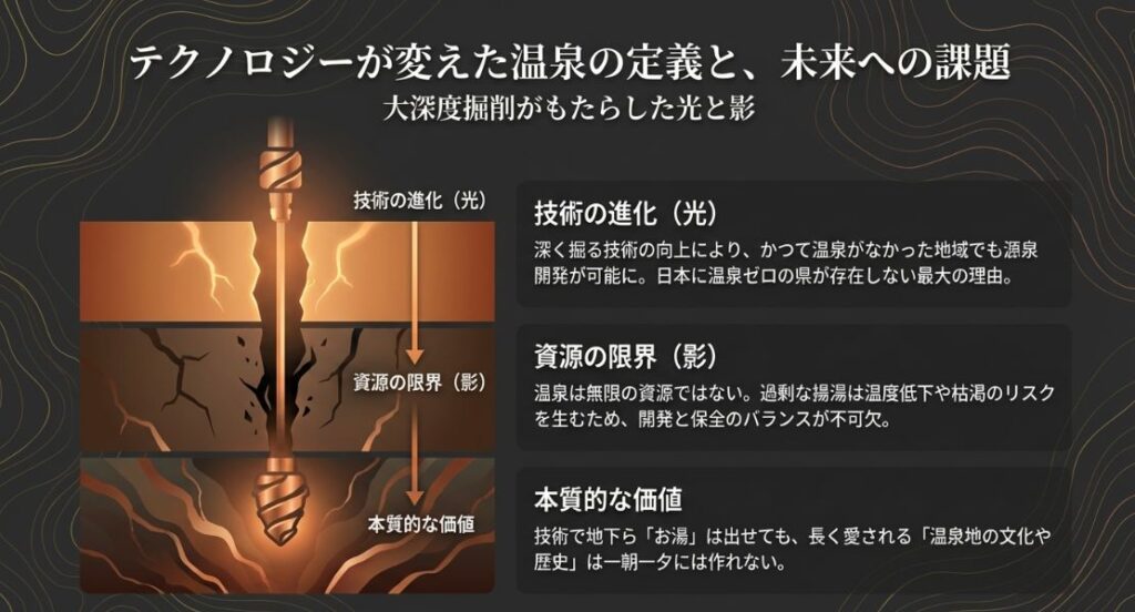 深く掘る技術の向上(光)と、過剰な揚湯による枯渇リスク(影)を対比させ、開発と保全のバランスの重要性を説くスライド。