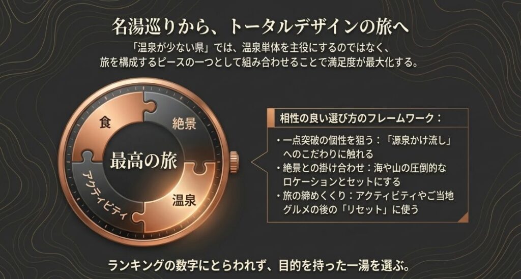 温泉を「食」「絶景」「アクティビティ」の一つとして組み合わせる、温泉が少ない県ならではの旅行設計を提案する図解。