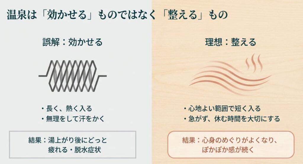 無理をして汗をかく「効かせる」入浴と、心地よい範囲で休みを大切にする「整える」入浴の比較グラフ