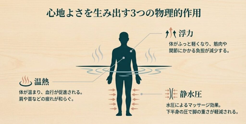 浮力による筋肉の負担減少、温熱による血行促進、静水圧によるマッサージ効果の相乗効果を説明する図解