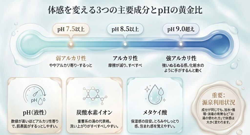 pH数値(7.5以上から9.0超えまで)の変化と、炭酸水素イオン・メタケイ酸が肌に与える体感(すべすべ、とろみ等)の対応表。