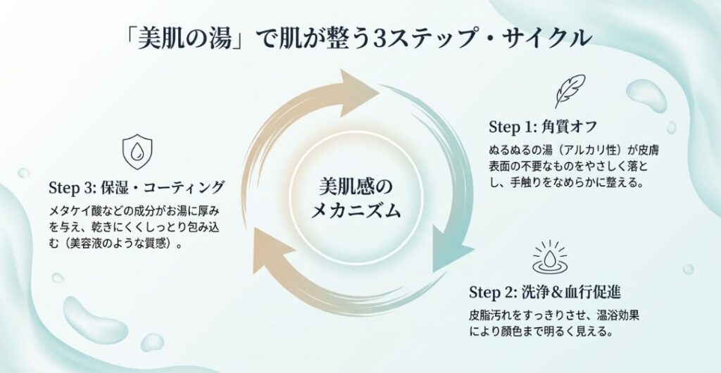 角質オフ、洗浄と血行促進、保湿・コーティングの3段階で肌が整うメカニズムの解説図。入浴後の早めの保湿が重要であることも併記。