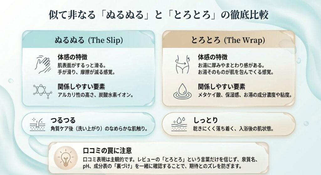 肌表面が滑る「ぬるぬる(The Slip)」とお湯に厚みがある「とろとろ(The Wrap)」の特徴比較。成分の違いや口コミの見極め方も解説。