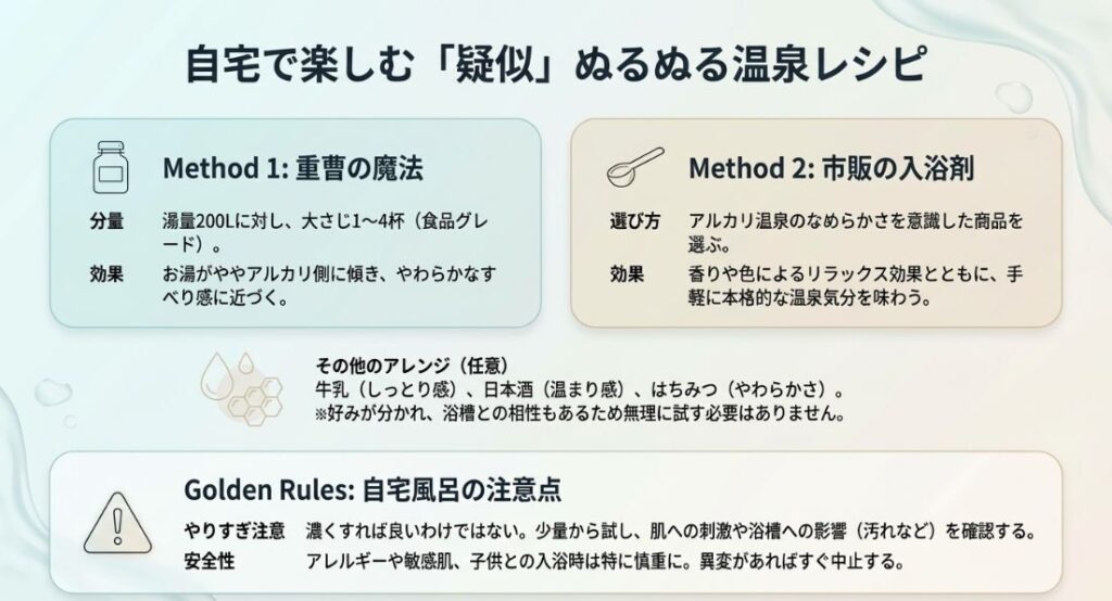 重曹を使ったレシピや市販の入浴剤、その他のアレンジ方法。やりすぎ注意や安全性などのゴールデンルールをまとめた表。