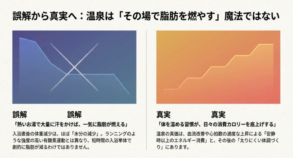 温泉は「その場で脂肪を燃やす魔法」ではなく「体を温める習慣が日々の消費カロリーを底上げする」という真実を説明するグラフと対比図