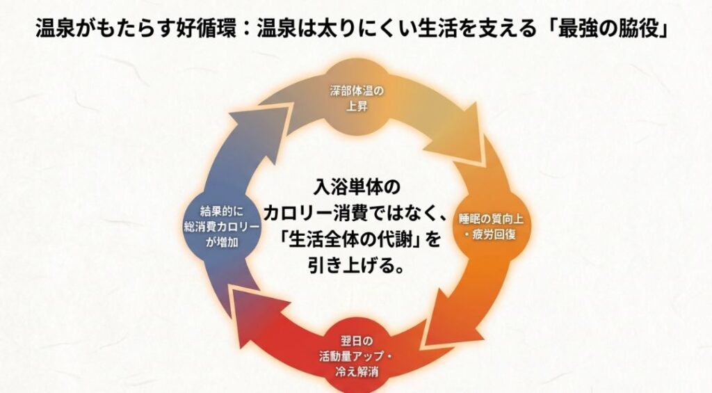 深部体温の上昇、睡眠の質向上、翌日の活動量アップが連鎖し、結果的に総消費カロリーが増加する「生活全体の代謝」の好循環図