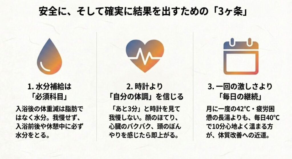 水分補給は必須、時計より体調を信じる、一回の激しさより毎日の継続、という安全に入浴するための3つの重要ルール