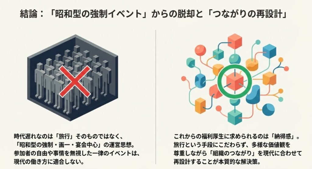 多くの人が箱に詰め込まれた図にバツ印がつき、個々の要素がネットワーク状に繋がった図が並ぶ、「昭和型の強制イベントからの脱却」を説明するスライド画像。