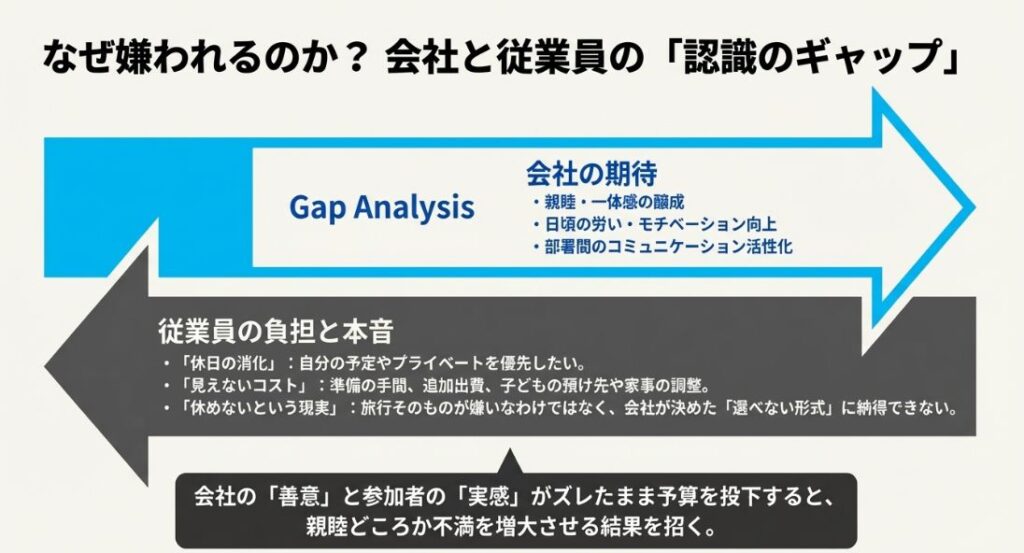 会社が期待する「親睦・一体感」と、従業員が感じる「休日消化・見えないコスト」のズレを矢印の対立で示したギャップ分析のスライド画像。