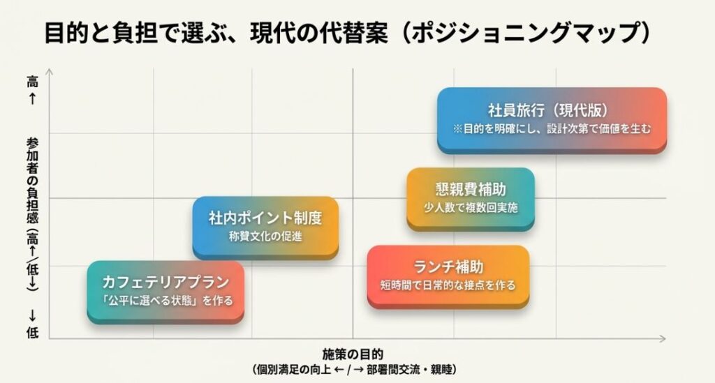 横軸に目的(個別満足〜部署間交流)、縦軸に参加者の負担感(高〜低)を取り、社員旅行やランチ補助などの施策を配置したポジショニングマップのスライド画像。