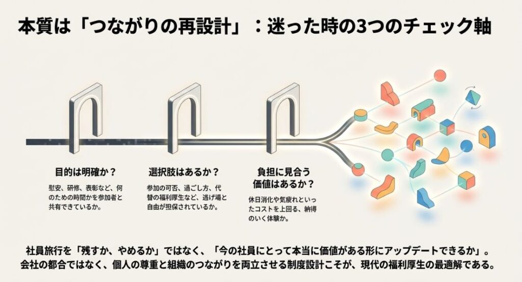 「目的は明確か?」「選択肢はあるか?」「負担に見合う価値はあるか?」という3つの問いを、つながりの再設計の指針として示したスライド画像。