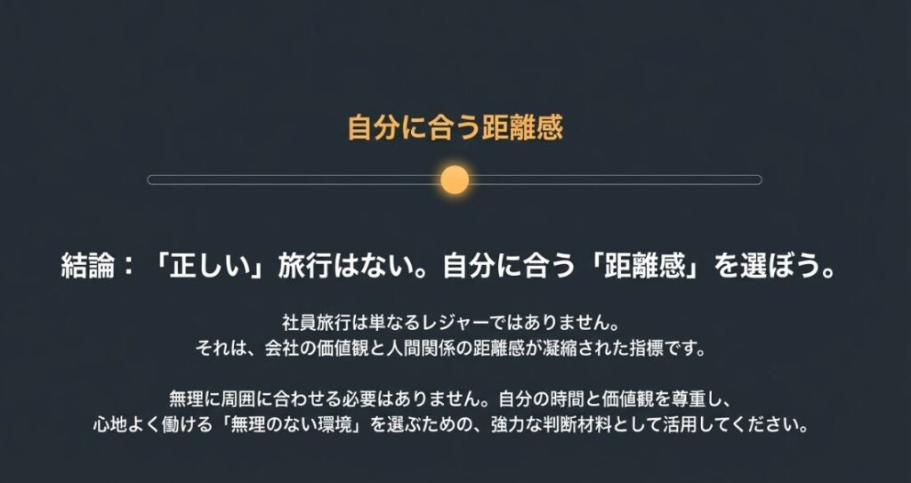 「正しい旅行はない。自分に合う距離感を選ぼう」という結論。社員旅行を、会社の価値観と人間関係を測る判断材料にするよう促すまとめの図。