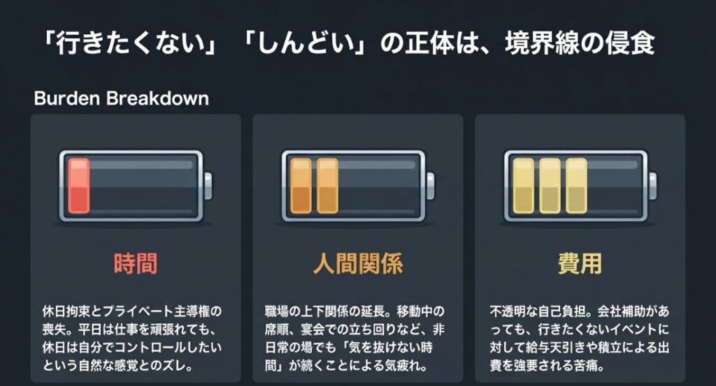 「時間(休日拘束)」「人間関係(上下関係の延長)」「費用(不透明な自己負担)」の3項目に分類した、社員旅行の負担内訳(Burden Breakdown)の図解。