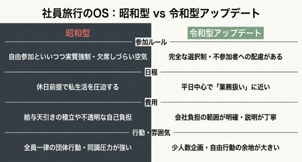 昭和型(実質強制・休日圧迫・積立・団体行動)と令和型(選択制・平日実施・会社負担・自由行動)を比較した対比表。