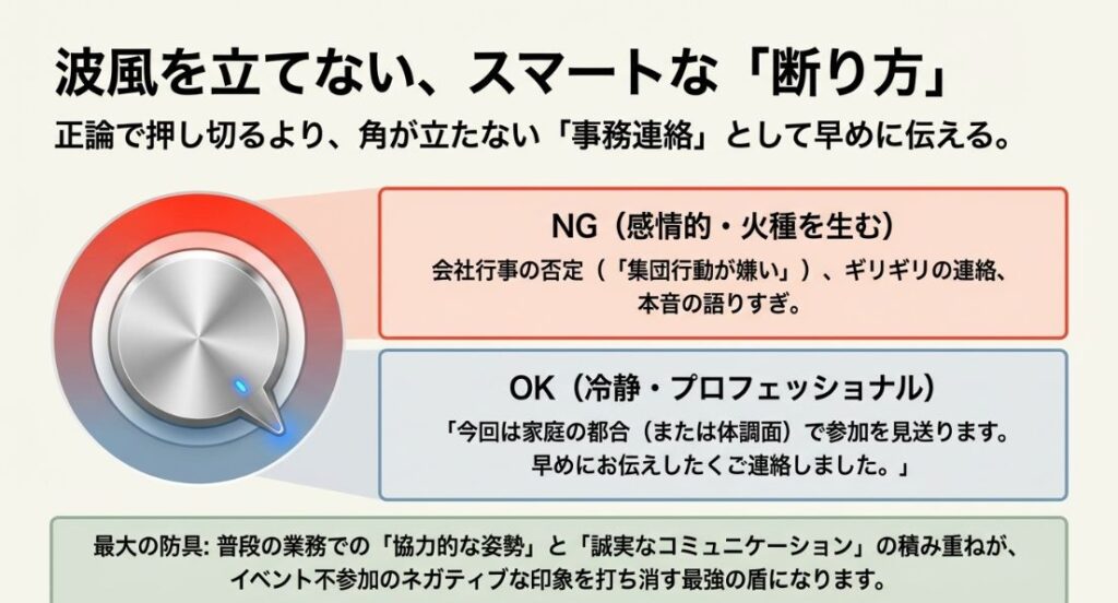 感情的な拒絶ではなく、早めの事務連絡として「家庭の都合」等を伝えるスマートな断り方の図解。普段の業務での協力姿勢が最大の防御になるというアドバイス。