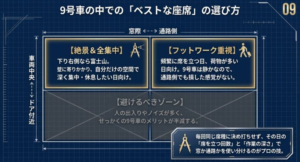 窓際（絶景＆全集中）、通路側（フットワーク重視）、ドア付近（避けるべきゾーン）の3つのエリアに分けた座席選びのガイド。