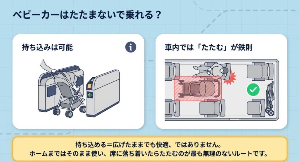 新幹線の座席でベビーカーを広げたままにすると通路を塞ぐ様子と、折りたたんで足元や座席後ろにコンパクトに収納した様子の比較図。後者には緑のチェックマークが付いている。
