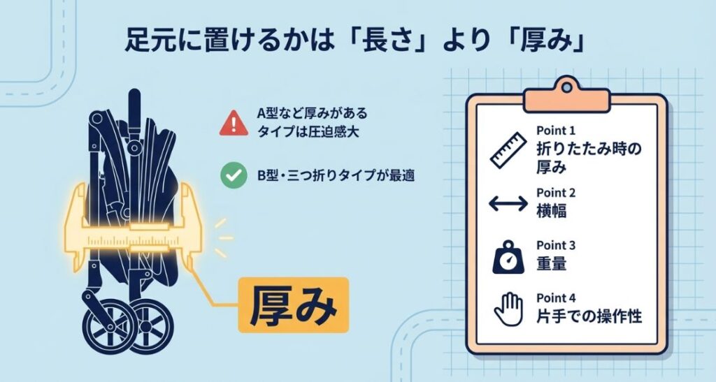 折りたたみ時の厚み、横幅、重量、片手での操作性の4点を重視し、特に厚みが薄いB型・三つ折りタイプが新幹線の足元に適していることを示す図。