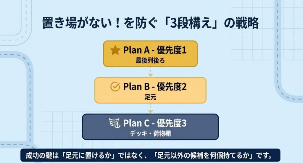 ベビーカー置き場の優先順位。Plan Aは最後列後ろ、Plan Bは足元、Plan Cはデッキ・荷物棚という3段階の候補を持つことを推奨している。