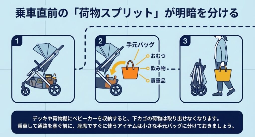 ベビーカーを収納する前に、おむつ、飲み物、貴重品など座席ですぐ使うアイテムを別バッグに分けておく「荷物スプリット」の手順を示すイラスト。