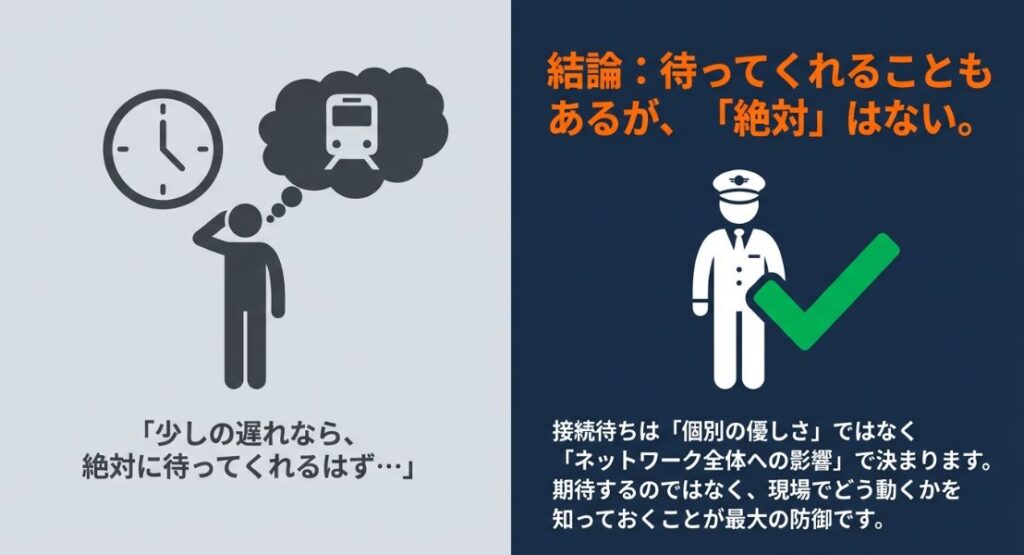 鉄道員と時計、列車を待つ人のイラスト。「結論：待ってくれることもあるが、絶対はない」というメッセージと、接続待ちはネットワーク全体の影響で決まるという説明。