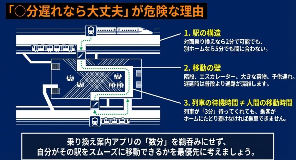 新幹線ホームから在来線ホームへの複雑な移動経路を示した駅構内図。階段や人混み、移動距離が乗り換えの可否に大きく影響することを示した図解。