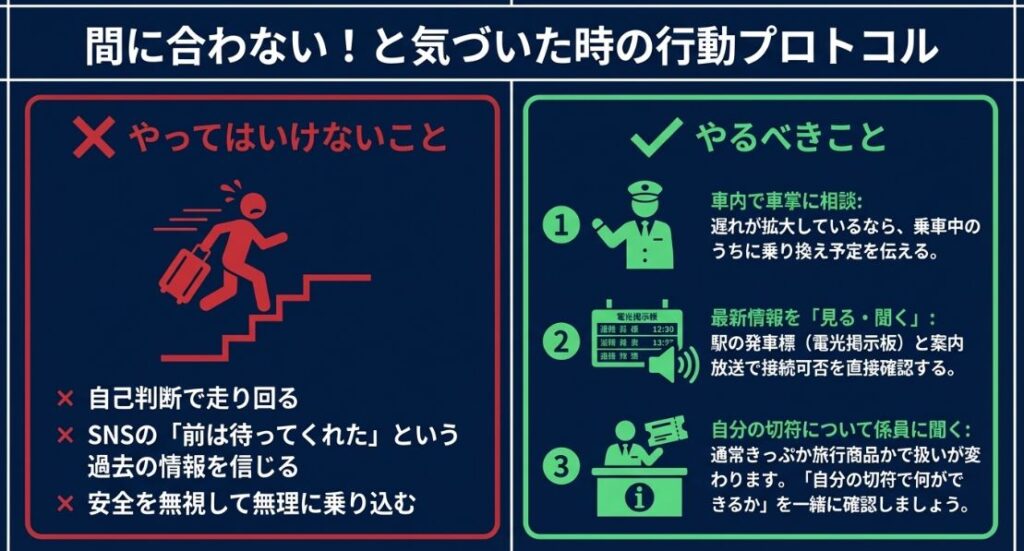 車掌への相談、電光掲示板の確認、係員への質問など、遅延時にやるべきことと「自己判断で走る」などのやってはいけないことをまとめた図解。