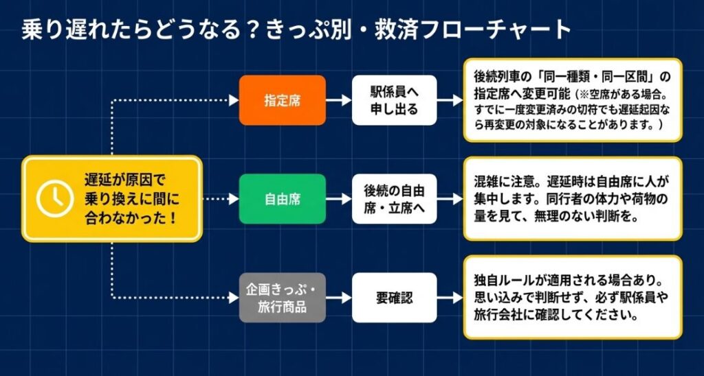 指定席、自由席、企画きっぷ（旅行商品）ごとに、後続列車の利用や変更の可否を整理したフローチャート。