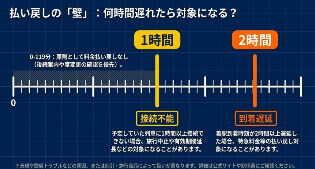 接続不能1時間、到着遅延2時間という払い戻し対象の境界線を視覚化したスライド。