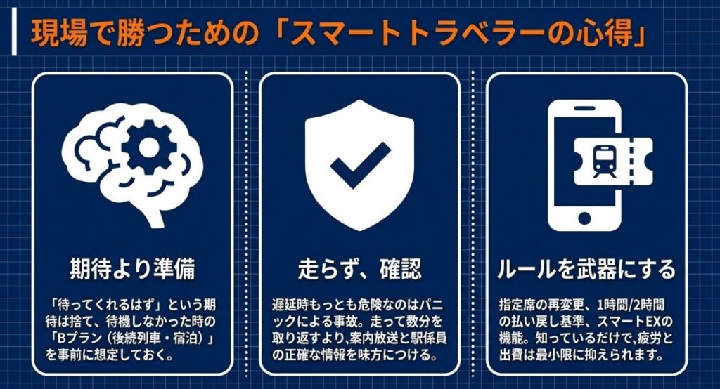 脳と歯車、盾、チケットのアイコン。「期待より準備」「走らず確認」「ルールを武器にする」という、遅延時に冷静に対応するための3つのマインドセット。