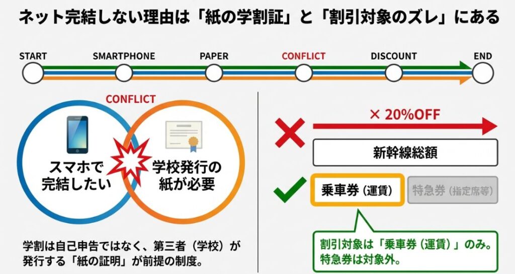 スマホで完結したい思いと学校発行の紙が必要な現実の対立、および割引対象は乗車券のみで特急券は対象外であることを示す図解。