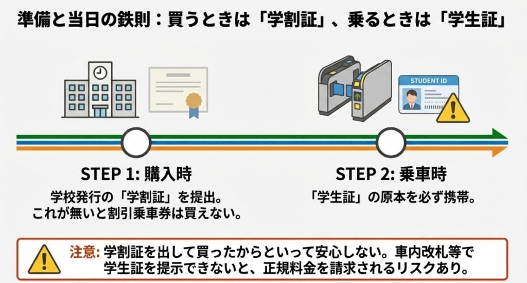 STEP1として購入時に学割証を提出すること、STEP2として乗車時に学生証を携帯することを説明するイラスト。