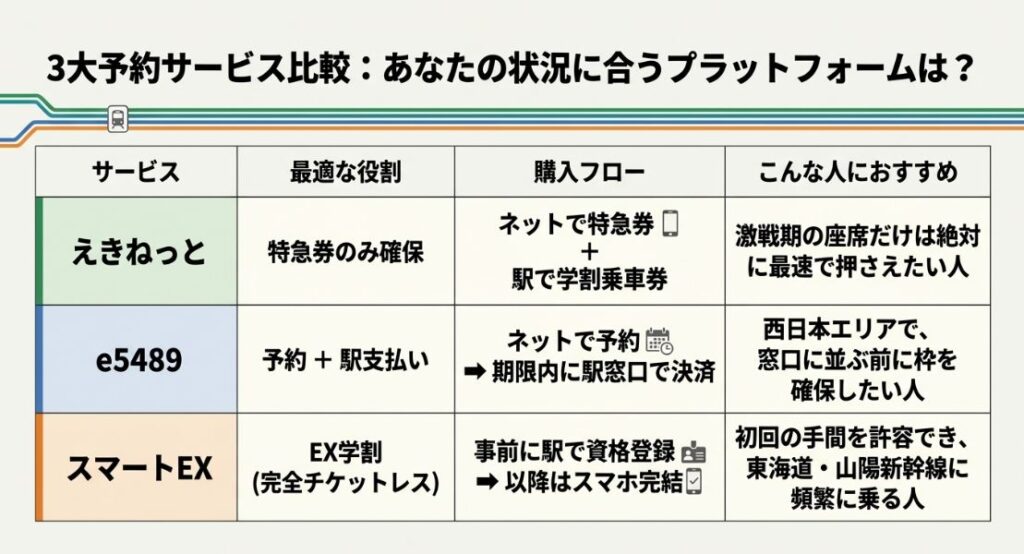 3つの予約サービス(えきねっと、e5489、スマートEX)の役割、購入フロー、おすすめの人をまとめた比較表。