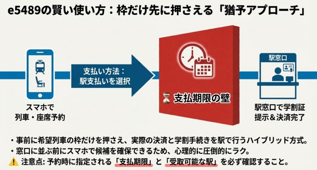 スマホで座席を予約し、支払期限内に駅窓口で学割証を提示して決済を完了させるハイブリッド方式の図解。