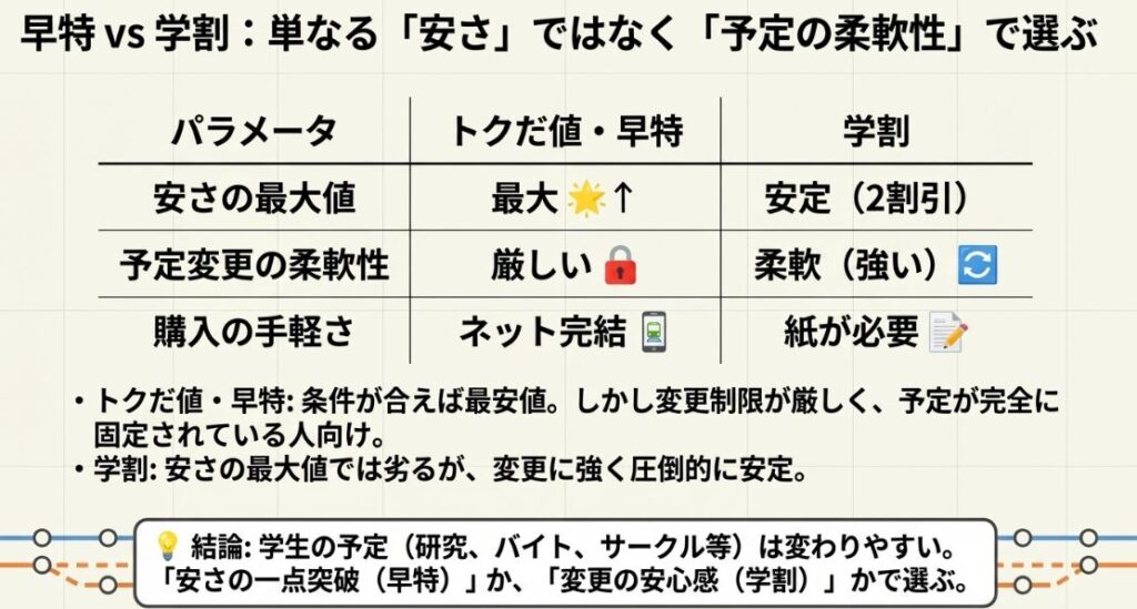 早特(安さは最大だが変更不可)と学割(安さは安定、変更に強い)のパラメータを比較した図。