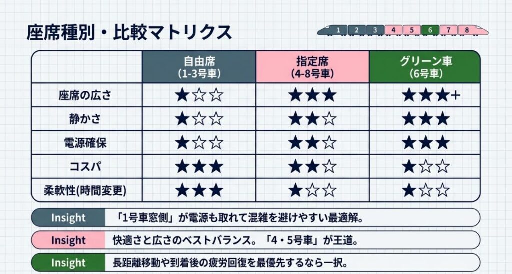 自由席、指定席、グリーン車の広さ、静かさ、電源、コスパ、柔軟性を星評価で比較した表 。
